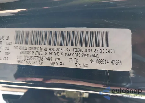 2019 Ram 1500 Big Horn/Lone Star 4X4 5'7 Box z USA, uszkodzony, nr VIN 1C6SRFFT7KN577401